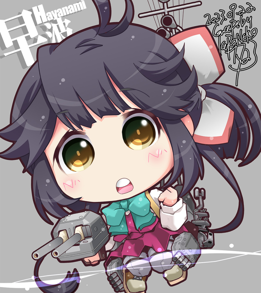 1girl adapted_turret ahoge aqua_bow aqua_bowtie boots bow bowtie brown_footwear cannon character_name chibi dress grey_pantyhose hair_ribbon hayanami_(kancolle) highres kantai_collection kuroneko_(kuroneko_works) long_hair long_sleeves pantyhose pleated_dress ponytail purple_dress ribbon school_uniform shirt side_ponytail sidelocks solo thigh_strap torpedo white_ribbon white_shirt yellow_eyes