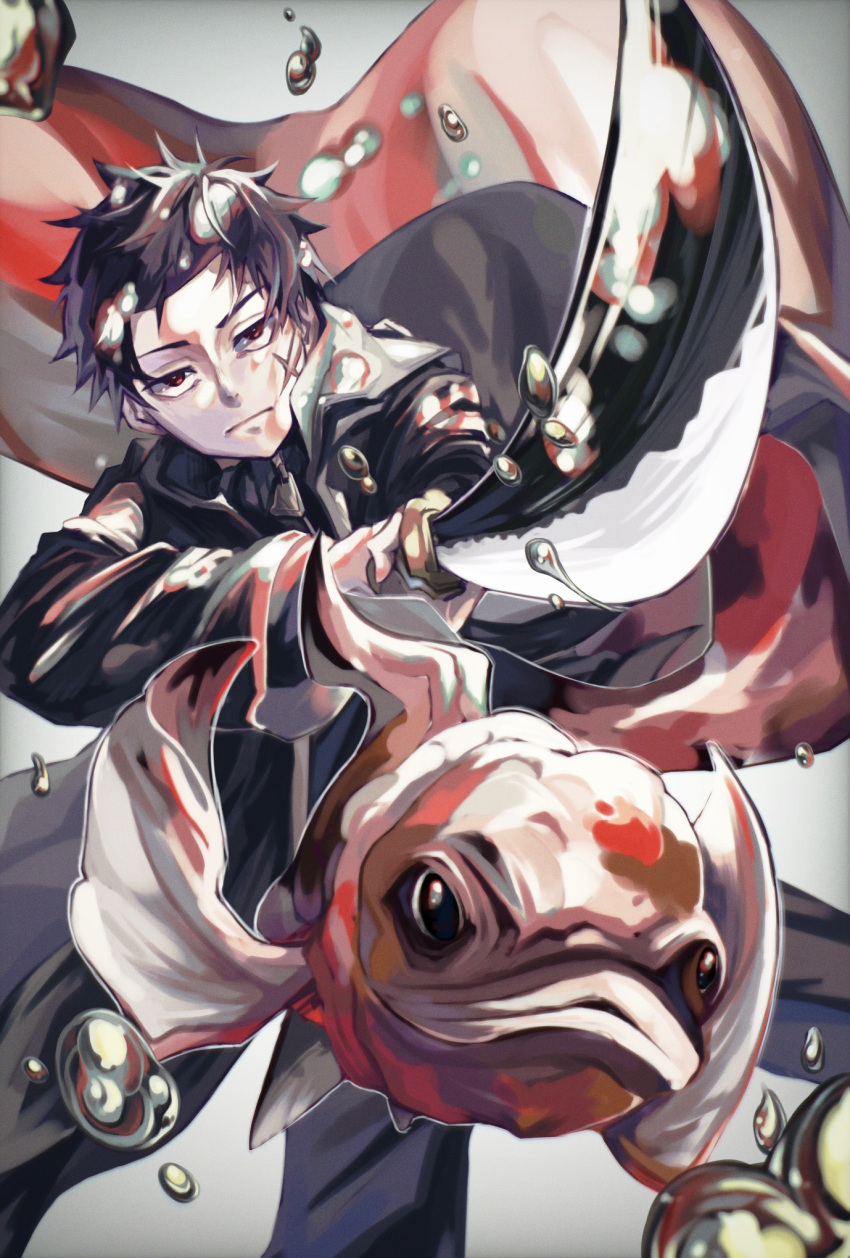 1boy black_cape black_hair black_pants cape fighting_stance fish highres holding holding_sword holding_weapon kagurabachi kemokemo male_focus pants red_eyes rokuhira_chihiro scar scar_on_face solo sword water_drop weapon