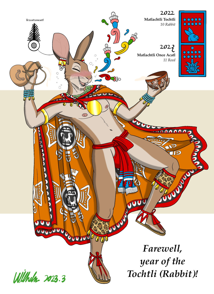 2023 5_fingers 5_toes absurd_res alcohol american_mythology anthro aztec aztec_mythology beverage bodily_fluids bottomwear bubble buckteeth cape clothed clothing drooling drunk drunk_bubble ear_piercing english_text eyes_closed feet fingers footwear fur hi_res humanoid_feet humanoid_hands lagomorph leporid loincloth male mammal mesoamerican_mythology mythology navel nipples ohs688 piercing plantigrade rabbit saliva sandals signature solo substance_intoxication tan_body tan_fur teeth text tezcatzoncatl toes