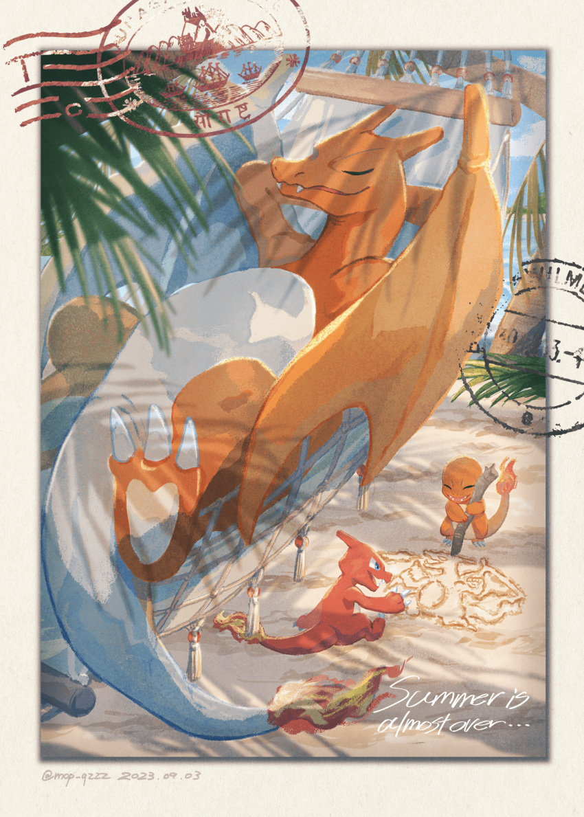 border charizard charmander charmeleon claws closed_eyes commentary dated day drawing evolutionary_line fangs fangs_out hammock highres lying mo~zu no_humans outdoors pokemon pokemon_(creature) postcard sand smile symbol-only_commentary