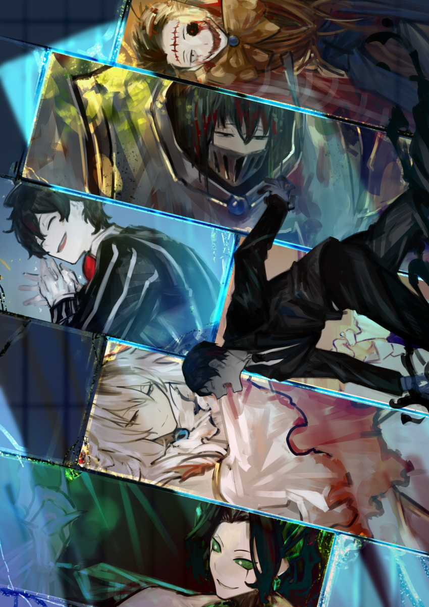 1boy black_hair black_jacket black_pants closed_eyes e.g.o_(project_moon) highres jacket library_of_ruina long_sleeves multiple_views nishikujic open_mouth pants project_moon roland_(library_of_ruina) running screaming shirt sideways smoke tiles white_shirt