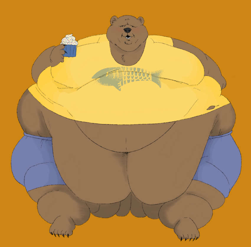 absurd_res anthro bear bottomwear brown_body brown_fur claws clothing crustypelican3 cupcake double_chin fat_rolls food fur hi_res huge_belly huge_moobs male mammal morbidly_obese morbidly_obese_male obese obese_male obscured_eyes overweight overweight_male shirt shorts solo t-shirt topwear