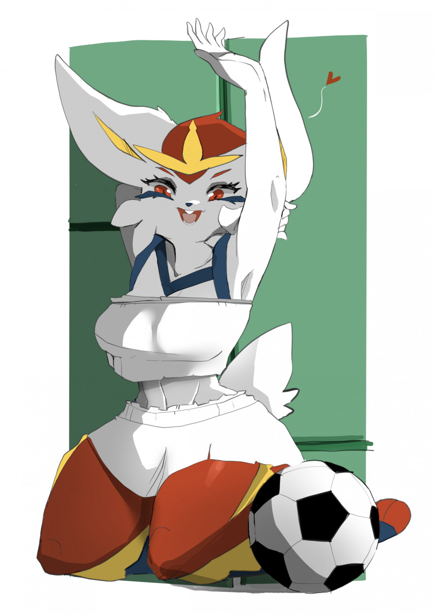 &lt;3 anthro biped blue_body border breasts cervikalova cinderace clothing female fur generation_8_pokemon hi_res kneeling nintendo open_mouth pokemon pokemon_(species) red_body simple_background solo wave white_body white_border white_fur