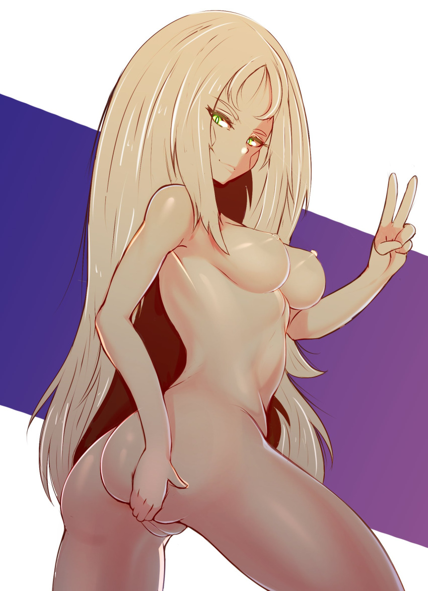 1girl ass ass_grab blonde_hair blush_stickers borrowed_character breasts bright_pupils closed_mouth commentary completely_nude english_commentary fir3born from_side grabbing_own_ass green_eyes half-closed_eyes hand_up happy highres legs_apart long_hair looking_at_viewer medium_breasts nipples nude original parted_bangs perky_breasts presenting pussy shiny_skin sidelocks smile solo spread_ass standing thighs uncensored v white_pupils zoe_(srgrafo)