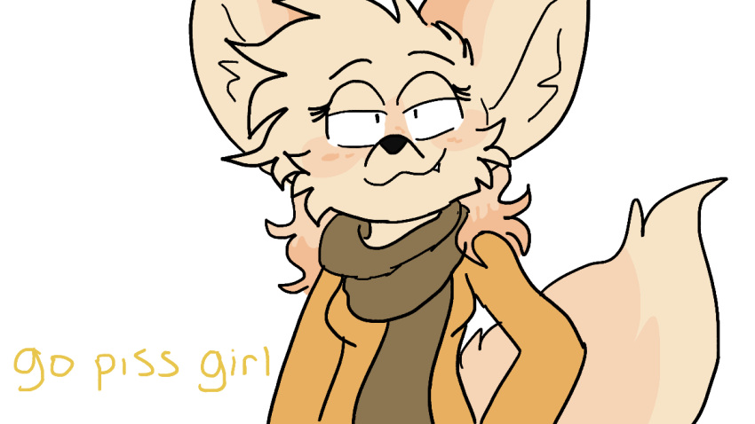 anthro black_nose brown_scarf canid canine clothing english_text female fur mammal mimisrol scarf shirt smile solo tan_body tan_fur text topwear yellow_clothing yellow_shirt yellow_topwear