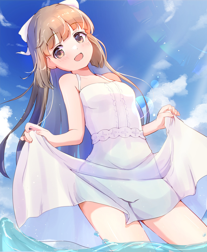 1girl absurdres bare_shoulders blue_sky blunt_bangs blush bow breasts brown_eyes brown_hair clothes_lift cloud collarbone cow day dot_nose dress hair_bow hair_ribbon hands_up highres idolmaster idolmaster_cinderella_girls idolmaster_cinderella_girls_starlight_stage lens_flare long_hair looking_at_viewer mouchi_(mouchimochi) open_mouth ponytail ribbon skirt skirt_lift sky sleeveless sleeveless_dress small_breasts smile solo sunlight very_long_hair wading water white_dress white_ribbon yorita_yoshino