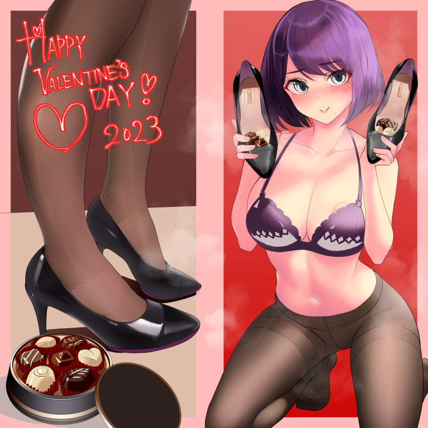 1girl black_footwear blush box box_of_chocolates bra breasts brown_pantyhose candy chocolate closed_mouth collarbone commentary_request dated eyelashes feet food full_body grey_eyes hands_up happy_valentine heart heart-shaped_chocolate high_heels highres holding kneeling large_breasts looking_at_viewer lumina414 medium_hair mole mole_under_mouth multiple_views navel no_shoes original pantyhose parted_bangs purple_bra shadow shoes shoes_removed smell standing steaming_body swept_bangs thighband_pantyhose underwear