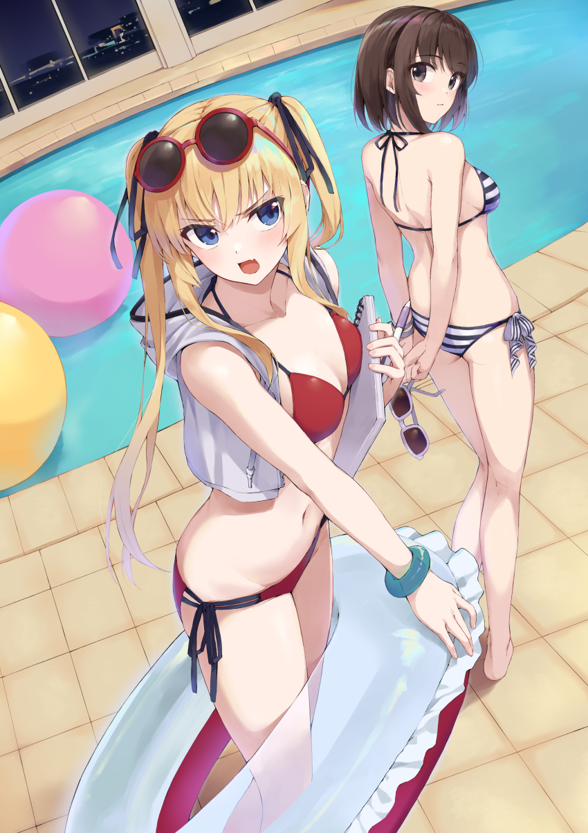 2girls absurdres ball barefoot beachball bikini black_ribbon blonde_hair blue_eyes bracelet breasts brown_eyes brown_hair closed_mouth cropped_jacket eyewear_on_head hair_ribbon halterneck highres hood hooded_jacket indoors innertube jacket jewelry katou_megumi long_hair looking_back looking_to_the_side medium_hair multiple_girls navel open_clothes open_jacket open_mouth pool red-framed_eyewear red_bikini ribbon saenai_heroine_no_sodatekata sawamura_spencer_eriri side-tie_bikini_bottom sketchbook small_breasts standing stomach striped striped_bikini sunglasses swimsuit twintails v-shaped_eyebrows white_jacket yanagi_marie