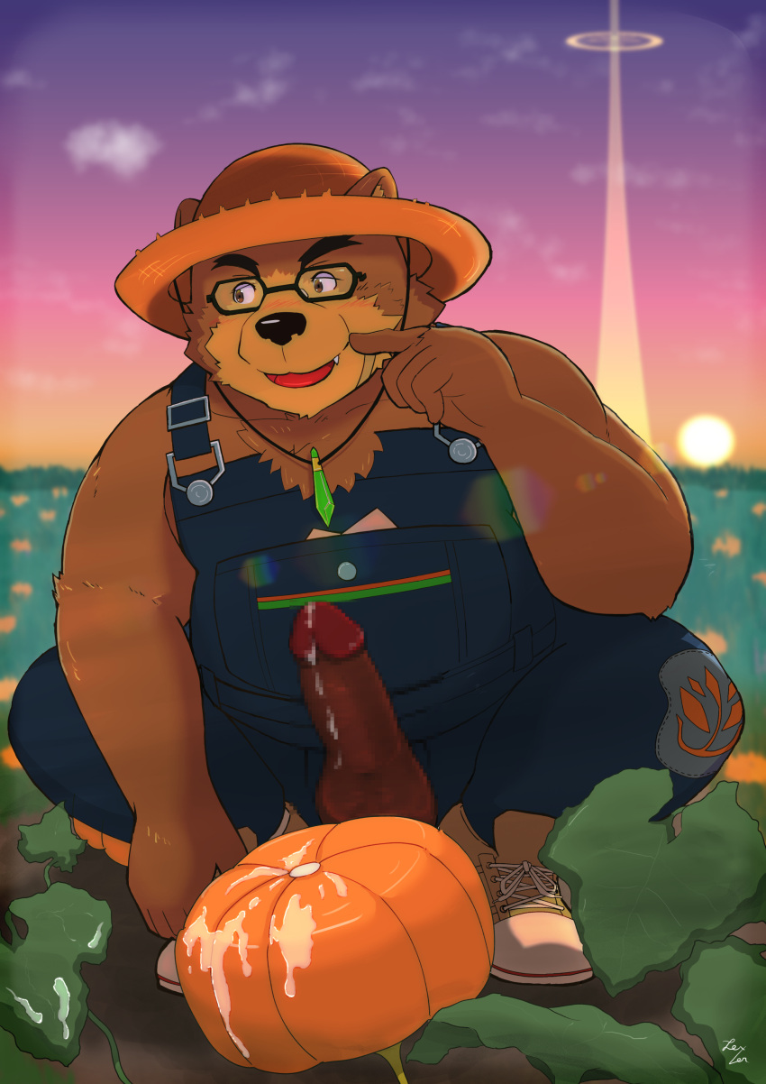 2023 absurd_res anthro balls bear black_nose bodily_fluids brown_body brown_fur clothing cum detailed_background erection eyewear food fruit fur genital_fluids genitals glasses hat headgear headwear hi_res humanoid_hands kemono lexer lifewonders male mammal outside overalls overweight overweight_male penis plant pumpkin solo straw_hat tokyo_afterschool_summoners volos