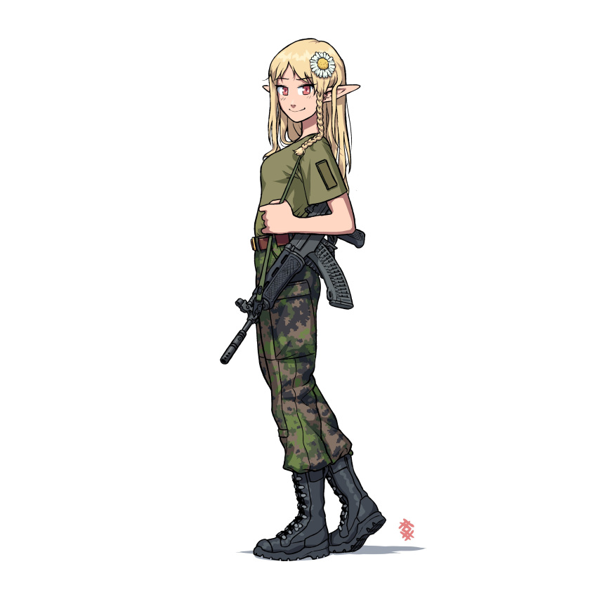 absurdres assault_rifle belt blonde_hair boots braid camouflage combat_boots elf flower full_body gun hair_flower hair_ornament highres military military_uniform ostwindprojekt pants pointy_ears red_eyes rifle rk95 sako_rk_95_(upotte!!) side_braid single_braid sling smile uniform upotte!! weapon