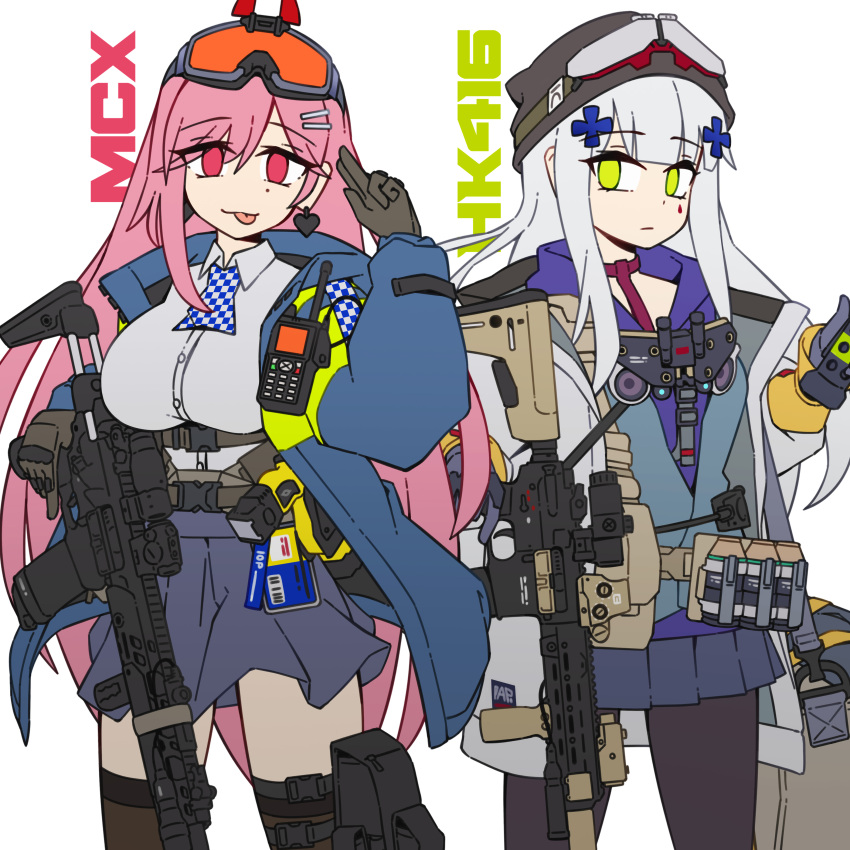 2girls absurdres assault_rifle beach black_headwear blue_jacket blue_skirt breasts brown_gloves brown_pantyhose brown_thighhighs character_name closed_mouth collared_shirt commentary dress_shirt earrings facial_mark girls'_frontline gloves goggles goggles_on_head goggles_on_headwear green_eyes grey_gloves grey_hair grey_jacket grey_shirt gun h&amp;k_hk416 hair_between_eyes hair_ornament hairclip heart heart_earrings highres hk416_(girls'_frontline) holding holding_gun holding_weapon hood hood_down hoodie jacket jestami jewelry long_sleeves medium_breasts multiple_girls object_hug open_clothes open_jacket pantyhose pleated_skirt puffy_long_sleeves puffy_sleeves purple_hoodie red_eyes rifle shirt sig_mcx_(girls'_frontline) sig_sauer_mcx simple_background skirt thighhighs weapon white_background