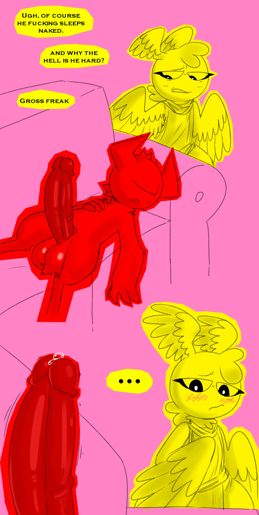 1_eye 2023 absurd_res angel annoyed_expression aubrey_(nylonheretic) big_penis blush cherub clothing conflicted demon digital_media_(artwork) duo english_text erection eyelashes feathered_wings feathers furniture genitals hi_res horn huge_penis humanoid imp krylon_(nylonheretic) lying lying_on_sofa male male/male not_furry nude nylonheretic on_back on_sofa penis profanity robe sleeping sofa staring_at_penis teapot_(body_type) text unguligrade wide_hips wings wings_on_head