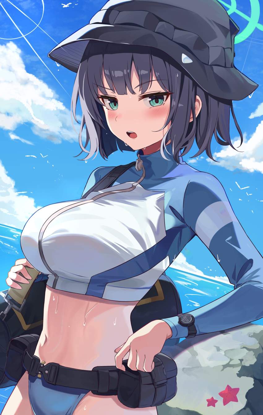 1girl absurdres aqua_eyes black_hair black_headwear blue_archive blue_sky blush breasts bucket_hat cloud commentary day green_eyes green_halo halo hat highres large_breasts long_sleeves looking_at_viewer midriff nam_(nam990902) navel ocean official_alternate_costume open_mouth outdoors purple_hair raglan_sleeves rash_guard saki_(blue_archive) saki_(swimsuit)_(blue_archive) short_hair sky solo watch wet zipper
