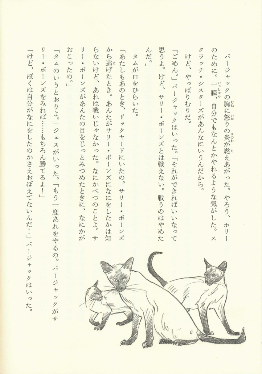 ambiguous_gender digitigrade domestic_cat elyza_scratch felid feline felis female_(lore) feral fur graphite_(artwork) greyscale group hi_res japanese_text malisha_scratch mammal missing_ear monochrome official_art paws pencil_(artwork) pernisha_scratch raised_tail siamese sibling_(lore) simple_background sister_(lore) sisters_(lore) sitting standing tail text traditional_media_(artwork) trio unknown_artist varjak_paw whiskers white_background