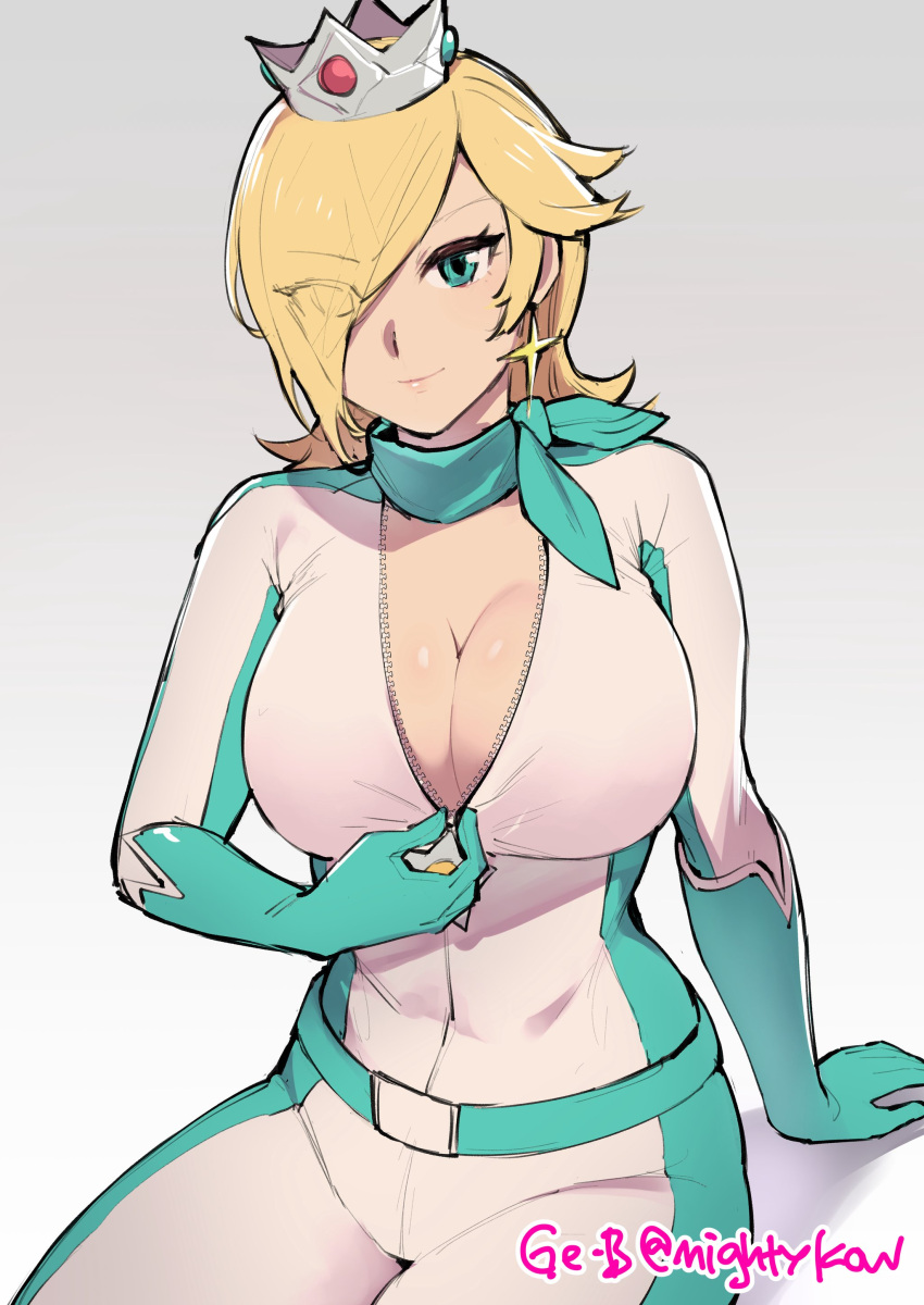 1girl absurdres artist_name biker_clothes biker_rosalina bikesuit blonde_hair blue_eyes blue_scarf bodysuit breasts cleavage crown earrings eyes_visible_through_hair ge-b gloves hair_over_one_eye highres jewelry large_breasts long_hair looking_at_viewer mario_(series) mario_kart partially_unzipped rosalina scarf smile solo star_(symbol) star_earrings twitter_username