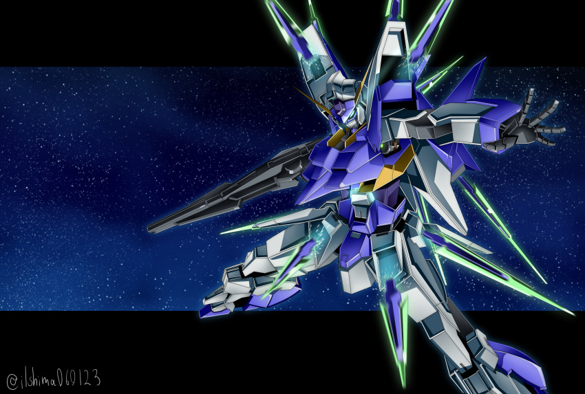 absurdres aqua_eyes beam_rifle commentary energy_gun funnels_(gundam) gun gundam gundam_age gundam_age-fx highres holding holding_gun holding_weapon mecha mobile_suit no_humans robot science_fiction shimashun solo space star_(sky) twitter_username v-fin weapon