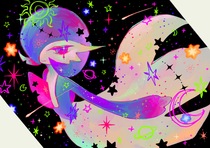 1girl absurdres alternate_color black_background blue_hair blue_skin bob_cut closed_mouth colored_skin commentary_request crescent crying doodle_inset flat_chest full_body gardevoir hair_over_one_eye half-closed_eyes highres looking_at_viewer meteor_shower multicolored_skin one_eye_covered otonoha_aika planet pokemon pokemon_(creature) purple_eyes shiny_pokemon short_hair solo sparkle standing star_(symbol) tears two-tone_skin white_skin