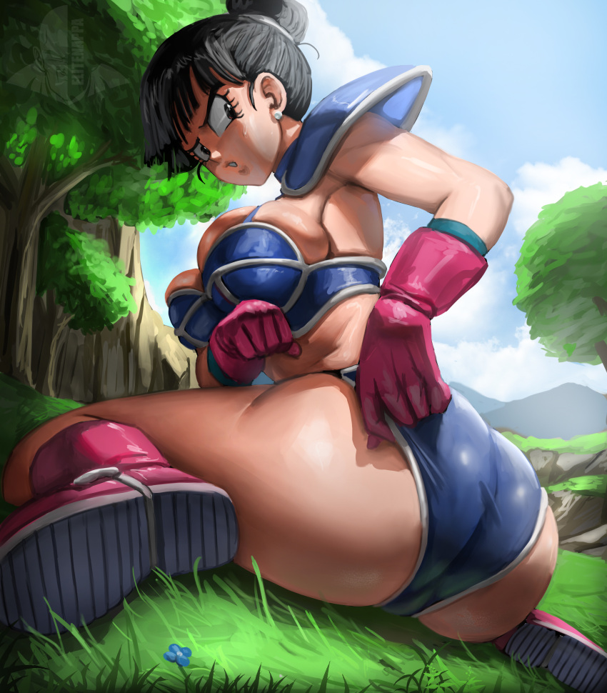 1girl absurdres armor ass bikini_armor black_eyes black_hair blue_sky boots chi-chi_(dragon_ball) cloud dragon_ball dragon_ball_(classic) dragon_ball_z earrings elite_nappa flower from_behind gloves grass hair_bun highres jewelry looking_back on_ground outdoors parted_lips pink_footwear pink_gloves shiny_skin sky solo sweatdrop wasteland