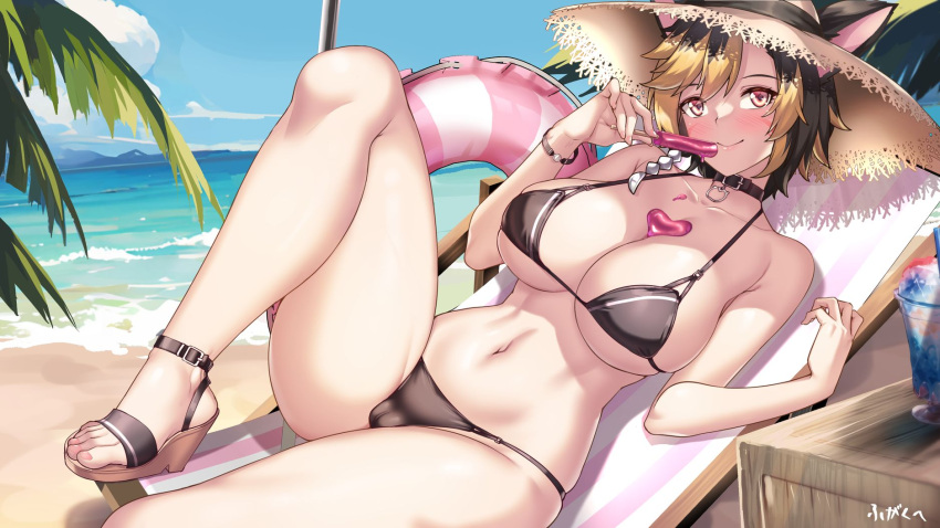 1girl animal_ears bare_arms bare_shoulders bikini black_bikini black_choker blue_sky brown_hair cameltoe character_request choker cloud commentary_request copyright_request day highres holding innertube knee_up navel ocean sandals shirokuma_a short_hair sky solo stomach swimsuit thighs water