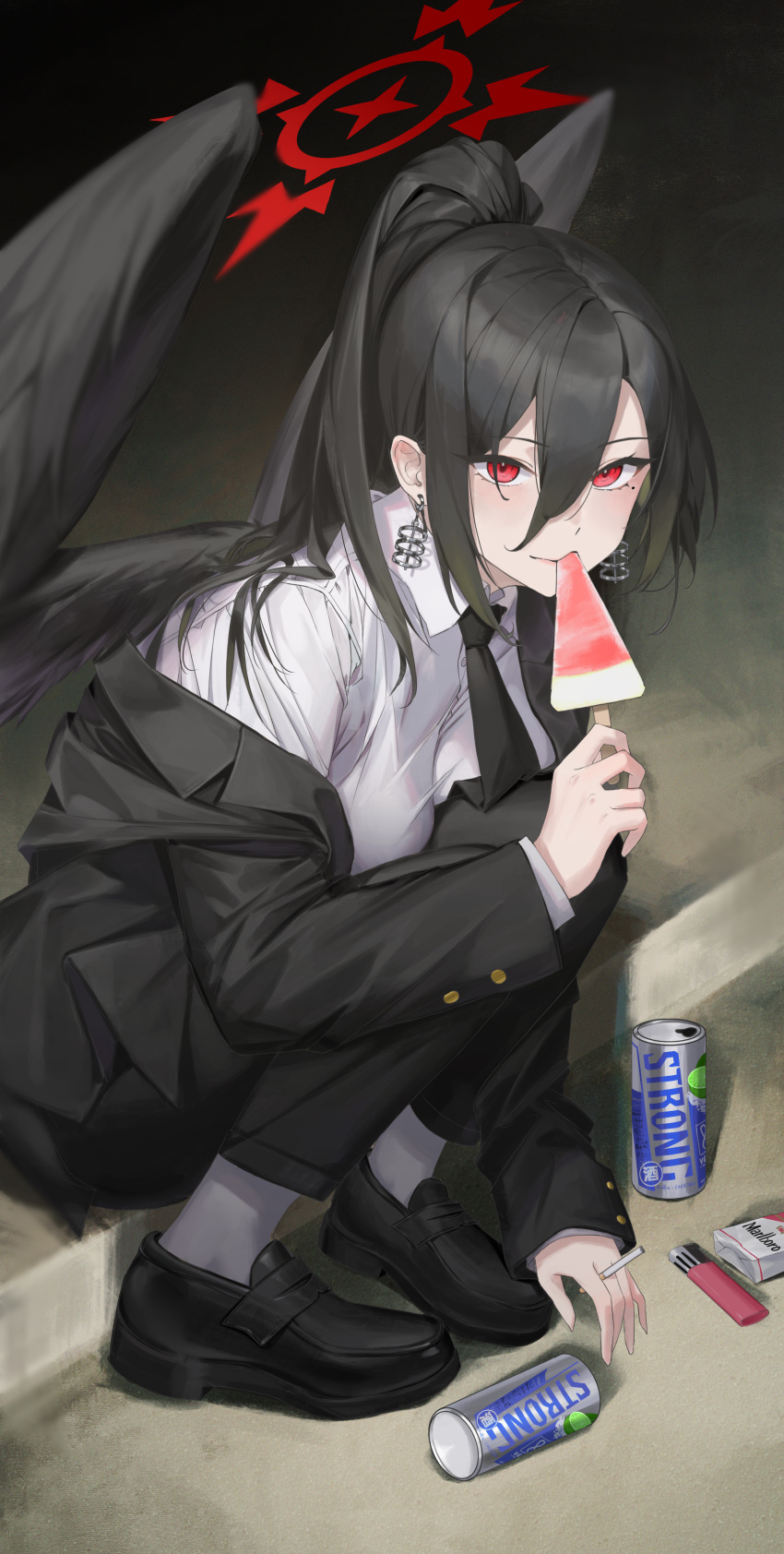 1girl absurdres black_footwear black_hair black_jacket black_necktie black_pants black_suit black_wings blue_archive breast_press breasts can cigarette collared_shirt commentary earrings eating feathered_wings food fruit gmirror1 hair_between_eyes halo hasumi_(blue_archive) high_ponytail highres holding holding_cigarette holding_food holding_fruit jacket jewelry large_breasts long_hair long_sleeves looking_at_viewer mole mole_under_eye necktie off_shoulder pants red_eyes red_halo shirt shoes sitting socks solo suit watermelon watermelon_slice white_shirt white_socks wings