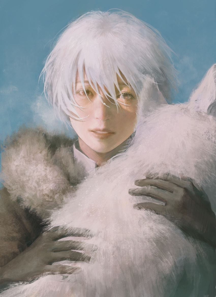 1boy absurdres animal animal_hug black_cloak blue_background breath brown_gloves cloak collared_shirt fumetsu_no_anata_e fur_trim fushi gloves highres joan_(fumetsu_no_anata_e) looking_at_viewer male_focus realistic red_eyes shirt short_hair simple_background upper_body white_hair white_wolf winter_clothes wolf yaoy756553 yellow_eyes