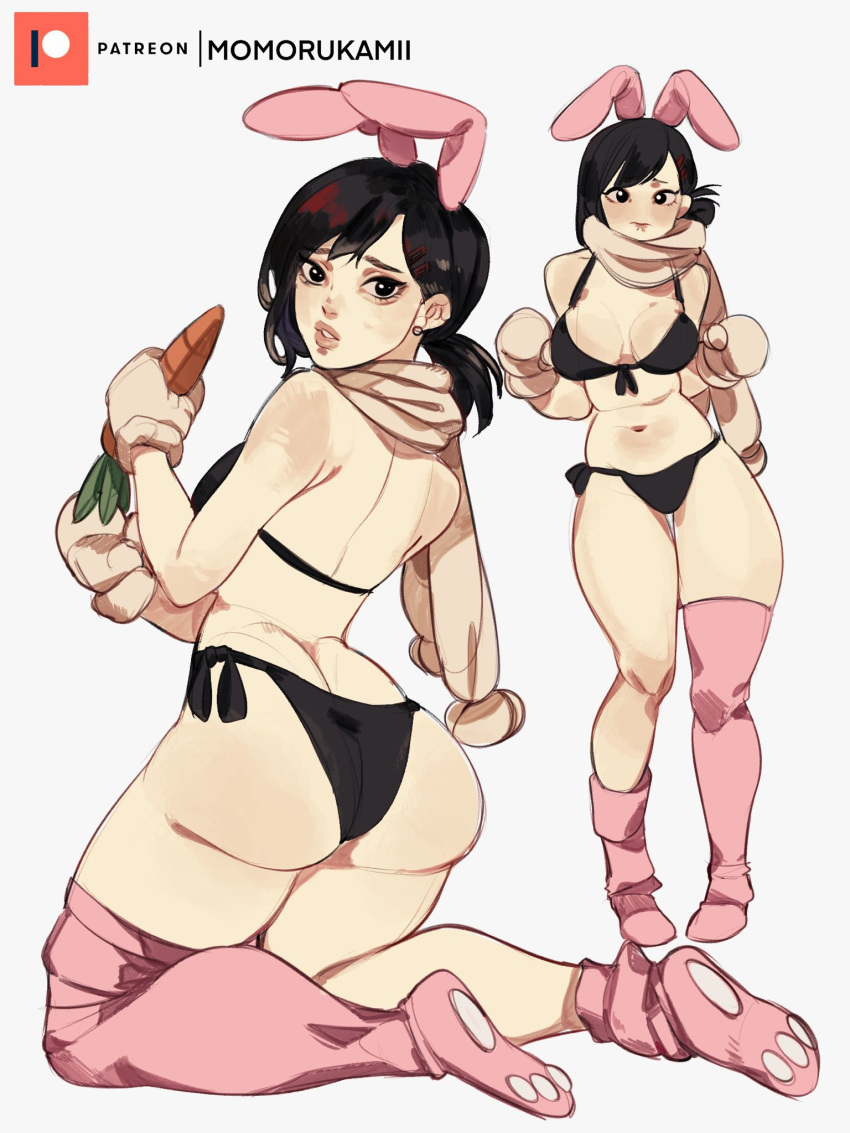 1girl animal_ears arched_back artist_name ass asymmetrical_legwear back bare_shoulders bikini black_bikini black_eyes black_hair breasts carrot chainsaw_man cleavage earrings fake_animal_ears full_body gloves higashiyama_kobeni highres holding holding_carrot jewelry kamii_momoru kneeling looking_at_viewer looking_back medium_breasts medium_hair multiple_views navel nontraditional_playboy_bunny parted_lips patreon_logo paw_print_soles pink_thighhighs rabbit_ears scarf side_ponytail solo standing swept_bangs swimsuit thighhighs white_gloves white_scarf
