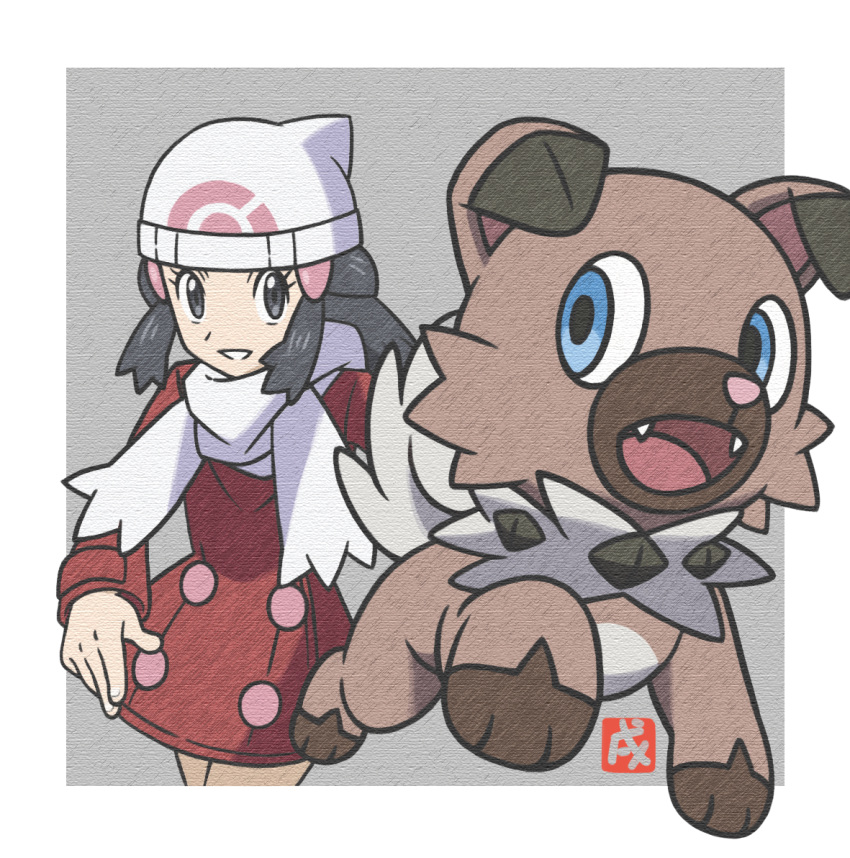 1girl beanie black_hair border coat commentary_request dawn_(pokemon) eyelashes grey_background grey_eyes hair_ornament hairclip hat long_hair long_sleeves looking_at_viewer pokemon pokemon_(creature) pokemon_(game) pokemon_dppt pokemon_platinum red_coat rockruff sawa_(soranosawa) scarf sidelocks smile white_border white_headwear white_scarf