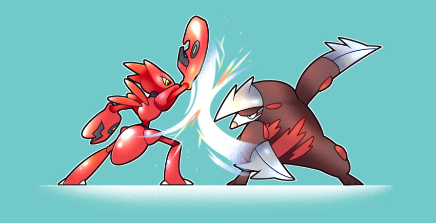 battle blue_background brown_fur claws commission excadrill full_body looking_at_another pokemon pokemon_(creature) scizor simple_background vergolophus wings yellow_eyes