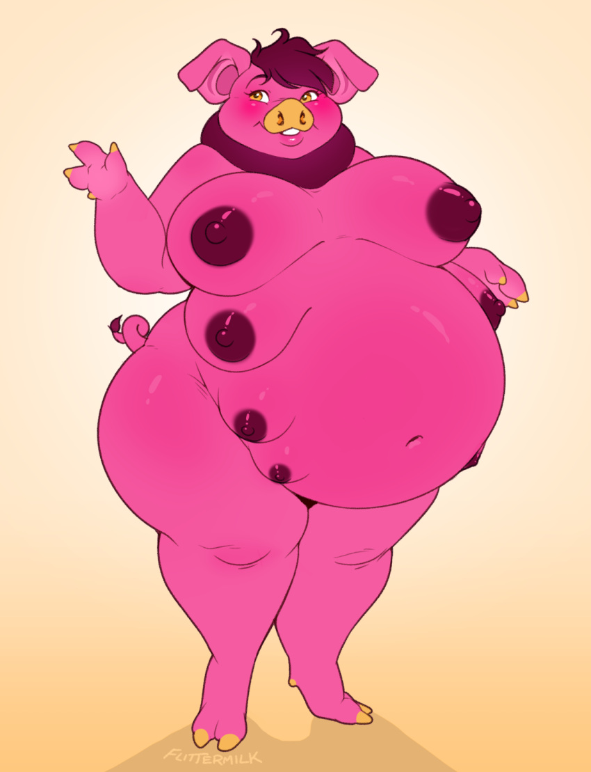 anthro areola belly big_belly big_breasts big_butt breasts butt domestic_pig female flittermilk hi_res hooves huge_butt huge_thighs mammal multi_breast multi_nipple nipples nude overweight overweight_anthro overweight_female pink_body pregnant smile solo suid suina sus_(pig) thick_thighs wide_hips