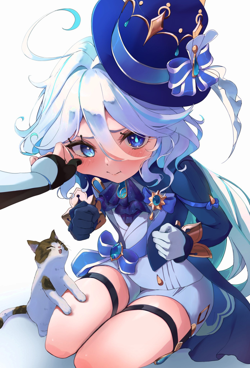 1girl 1other ahoge ascot black_gloves blue_ascot blue_bow blue_brooch blue_eyes blue_hair blue_headwear blue_jacket blush bow cat cheek_pull closed_mouth furina_(genshin_impact) furrowed_brow fwha4853 genshin_impact gloves hair_between_eyes hat heterochromia highres jacket light_blue_hair long_hair looking_at_viewer multicolored_hair shorts sidelocks simple_background sitting solo_focus streaked_hair top_hat two-tone_hair white_background white_gloves white_shorts