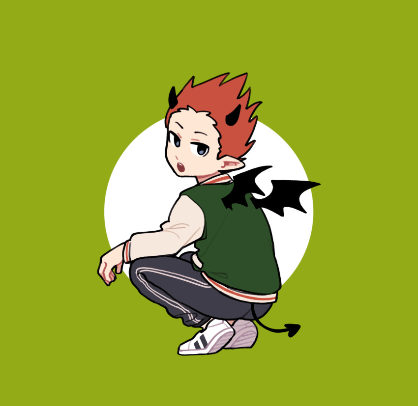 1boy black_eyes black_horns black_wings chinese_commentary commentary_request demon_boy demon_horns demon_tail demon_wings full_body green_background green_jacket grey_pants highres horns jacket long_sleeves looking_at_viewer male_focus meowzng mob_psycho_100 open_mouth orange_hair pants pointy_ears shoes short_hair simple_background sneakers solo squatting suzuki_shou tail white_footwear wings