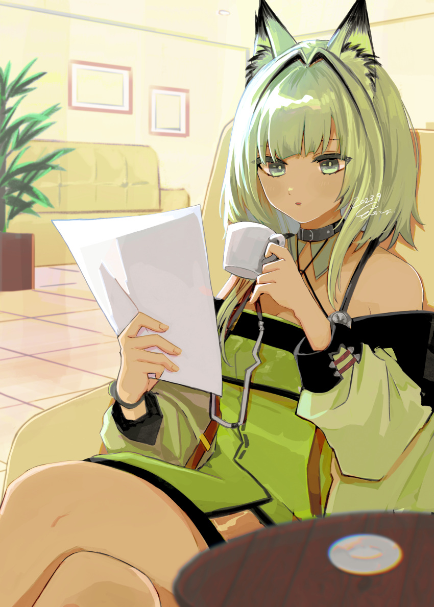 1girl absurdres animal_ear_fluff animal_ears arknights armchair bare_shoulders chair commentary_request cup dated dress green_dress green_eyes green_hair green_jacket hair_intakes hands_up highres holding holding_cup indoors jacket k-yosinori kal'tsit_(arknights) long_sleeves off-shoulder_jacket off_shoulder on_chair parted_lips plant potted_plant puffy_long_sleeves puffy_sleeves saucer signature sitting solo table tile_floor tiles
