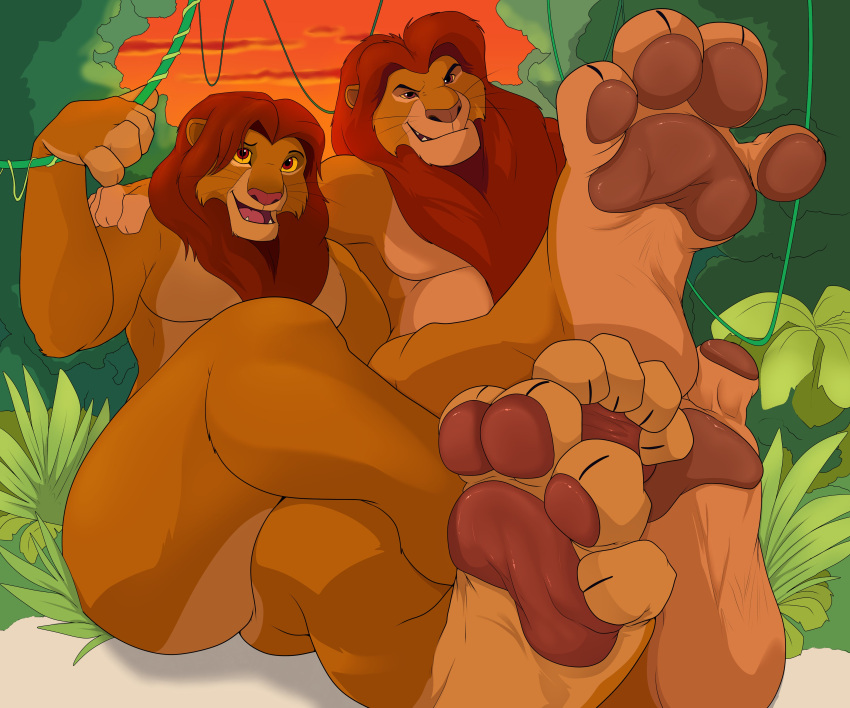 absurd_res age_difference anthro anthrofied crossed_legs disney duo father father_and_child father_and_son feet felid foot_fetish foot_focus fur grin hair hi_res lion looking_at_viewer male male/male mammal mufasa nude open_mouth pantherine parent parent_and_child pawpads plant red_hair simba sitting smile son tan_body tan_fur the_lion_king vines weskers whiskers