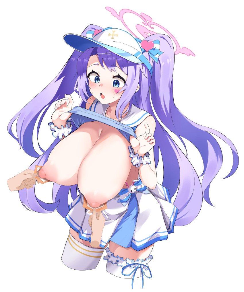 1girl 96nokimihito absurdres blue_archive blue_eyes blue_shirt blush breasts clothes_lift commentary_request halo hanae_(blue_archive) hanae_(cheer_squad)_(blue_archive) heart_stickers highres huge_breasts lifted_by_self long_hair looking_down nipples open_mouth purple_hair scrunchie shirt shirt_lift simple_background smile solo_focus standing sticker_on_face visor_cap white_background white_scrunchie wrist_scrunchie