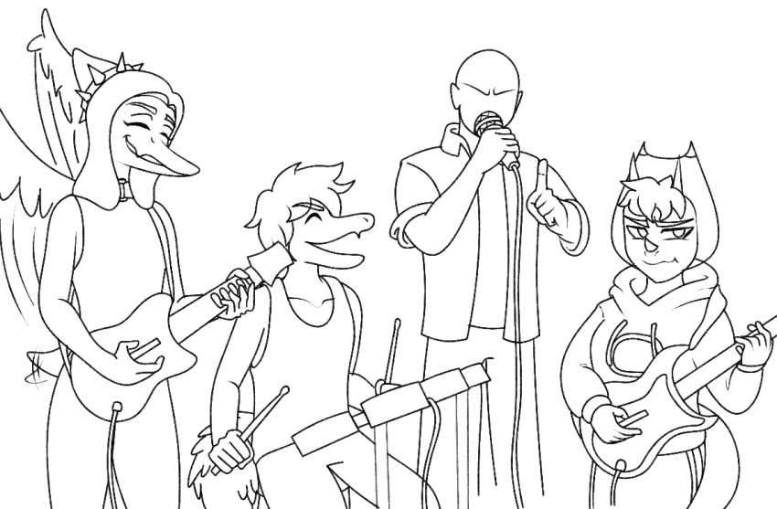 anon_(snoot_game) anthro bald ceratopsian clothed clothing dinosaur dromaeosaurid drum drum_set drumming_stick eyes_closed facial_horn fang_(gvh) feathered_tail feathered_wings feathers featureless_face female goodbye_volcano_high guitar hair horn human long_hair long_snout mammal microphone monochrome musical_instrument open_mouth ornithischian percussion_instrument percussion_mallet playing_music plucked_string_instrument pterodactylus pterosaur reed_(gvh) reptile scalie simple_background sketch snoot_game_(fan_game) snout solo string_instrument tail theropod triceratops trish_(gvh) unknown_artist velociraptor white_background wings