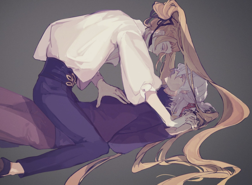 2boys absurdly_long_hair alternate_costume antonio_salieri_(fate) antonio_salieri_(second_ascension)_(fate) black_pants black_ribbon black_shirt blonde_hair fate/grand_order fate_(series) green_eyes grey_background hair_between_eyes hair_ribbon half-closed_eyes half_updo hand_on_another's_chest high-waist_pants highres holding_hands kneeling long_hair long_sleeves looking_at_another multiple_boys on_person pants parted_lips ponytail puffy_long_sleeves puffy_sleeves red_eyes red_ribbon ribbon shirt simple_background sitting smile tianqiuyi_(westrain) turtleneck very_long_hair white_hair white_shirt wolfgang_amadeus_mozart_(fate)