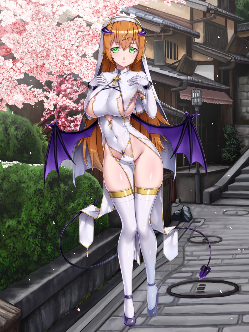 1girl architecture breast_curtains breasts chain_paradox character_request cherry_blossoms clothes_between_thighs clothing_cutout cocytus_(wind_master) commentary_request covered_navel cross day demon_horns demon_tail demon_wings east_asian_architecture elbow_gloves falling_petals full_body gloves green_eyes groin habit hair_ornament hairclip high_heels highres horns large_breasts long_hair low_wings no_bra no_panties orange_hair outdoors pavement pelvic_curtain petals pout revealing_clothes shiny_skin sideboob solo standing tail thighhighs thighs very_long_hair wings