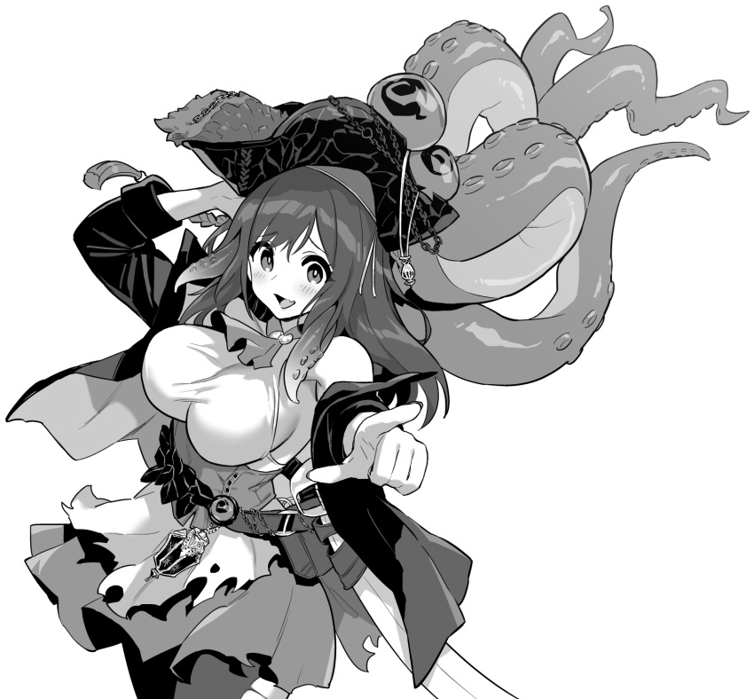 1girl ascot azur_lane azur_lane:_slow_ahead belt_pouch bicorne blush breasts corset greyscale hat highres hori_(hori_no_su) jacket large_breasts long_hair long_sleeves looking_at_viewer monochrome off_shoulder official_art open_clothes open_jacket open_mouth pantyhose pirate pirate_hat pointing pointing_at_viewer pouch royal_fortune_(azur_lane) shirt sideboob simple_background sleeveless sleeveless_shirt smile solo suction_cups tentacle_hair tentacles torn_clothes torn_pantyhose white_background
