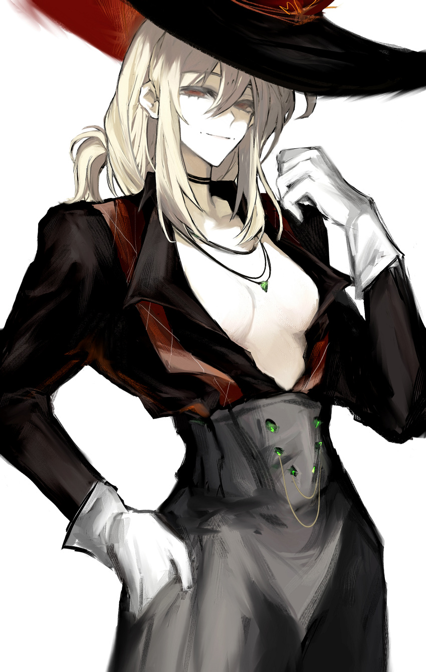 1girl absurdres black_headwear black_shirt blonde_hair breasts choker closed_mouth commentary cowboy_shot feitian_xiyi_ye formal gloves grey_pants hair_between_eyes half-closed_eyes hand_in_pocket hand_up hat high-waist_pants highres jewelry long_hair long_sleeves looking_at_viewer low-tied_long_hair medium_breasts mole_beside_mouth necklace necktie open_clothes pants red_eyes red_necktie reverse:1999 shirt sidelocks simple_background smile solo symbol-only_commentary tennant_(reverse:1999) unbuttoned unbuttoned_shirt undone_necktie white_background white_gloves wide_brim