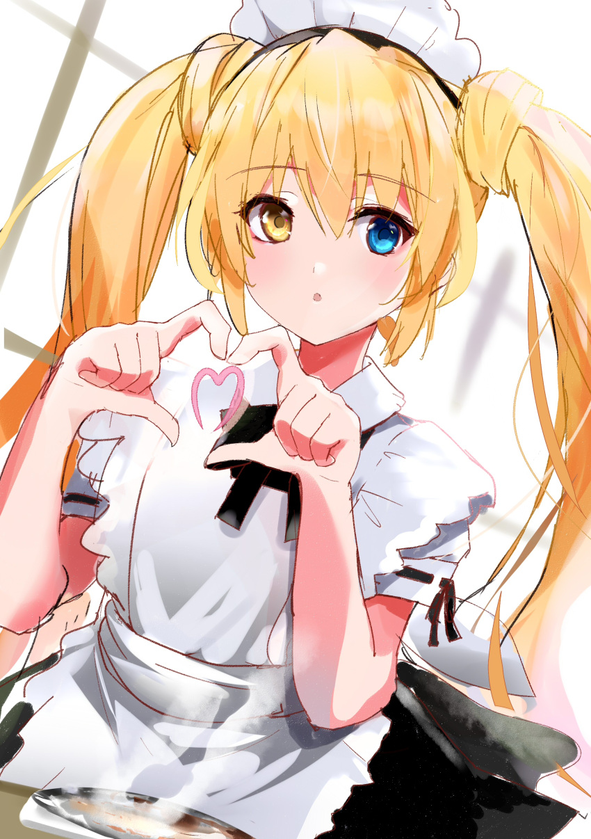 1girl :o absurdres alternate_costume apron black_ribbon blonde_hair blue_eyes blush commentary_request cowboy_shot enmaided eyelashes eyes_visible_through_hair fish_(food) frilled_apron frills grilled_fish hair_between_eyes hands_up heart heart_hands heterochromia highres long_hair looking_at_viewer maid maid_apron maid_headdress nakatsu_shizuru open_mouth puffy_short_sleeves puffy_sleeves rewrite ribbon ribbon-trimmed_sleeves ribbon_trim short_sleeves simple_background solo standing steam twintails upper_body very_long_hair white_apron white_background window yellow_eyes zenoo