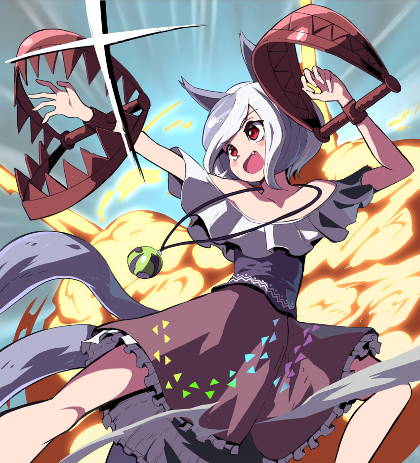 1girl animal_ears blush breasts collarbone commentary_request explosion fang foothold_trap grey_hair highres jewelry looking_at_viewer looking_to_the_side medium_hair mitsugashira_enoko necklace open_mouth paw_pose red_eyes simple_background small_breasts smoke syope tail touhou unfinished_dream_of_all_living_ghost weapon