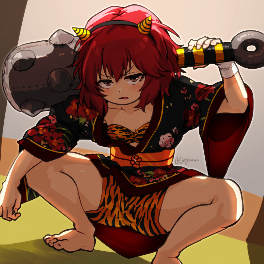 1girl animal_print barefoot blush breasts fake_horns floral_print gojarun holding_club horns idolmaster idolmaster_cinderella_girls japanese_clothes kimono looking_at_viewer murakami_tomoe oni_horns open_mouth red_eyes red_hair sash short_hair solo spread_legs squatting tiger_print