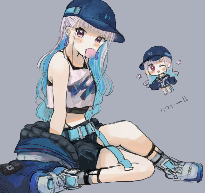 1girl baseball_cap belt black_choker blue_belt blue_hair blue_jacket blue_nails blush breasts chewing_gum chibi choker flower_(symbol) full_body garter_straps grey_socks hat highres jacket kneeling lize_helesta lize_helesta_(9th_costume) long_hair long_sleeves looking_at_viewer medium_breasts multicolored_hair nail_polish navel nijisanji off_shoulder one_eye_closed open_clothes open_jacket ponytail red_eyes sanntenn_3 shirt shoes simple_background sitting sleeveless sleeveless_shirt smile sneakers socks solo virtual_youtuber wariza wavy_hair white_background white_hair white_shirt