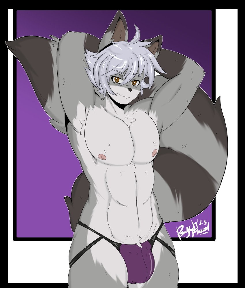 absurd_res anthro big_tail brown_eyes bulge canid canine clothed clothing fluffy fluffy_tail fox fur grey_body grey_fur hair hands_behind_head hi_res hybrid jockstrap jockstrap_only male mammal markings muscular procyonid psych_(psychflood) psychflood raccoon ring_(marking) ringtail silver_hair slim smile solo tail tail_markings topless underwear underwear_only white_body white_fur