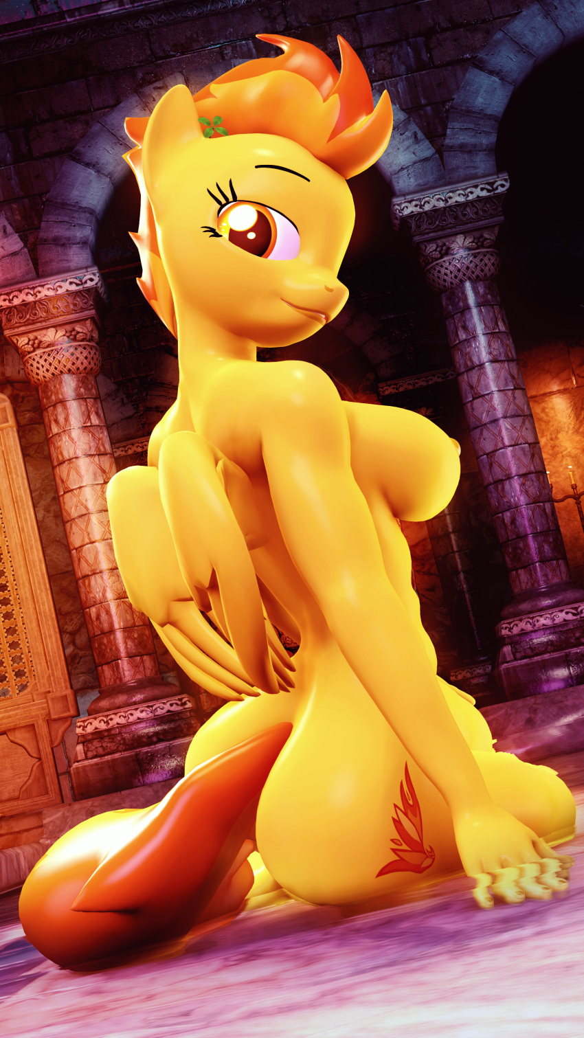 2023 3d_(artwork) 4k 9:16 absurd_res anthro anthrofied areola big_breasts big_butt breasts bubble_butt butt clover curvy_figure cutie_mark detailed_background digital_media_(artwork) equid equine eyelashes feathered_wings feathers female fluffy fluffy_tail friendship_is_magic fur hair hasbro hentype hi_res inside long_tail looking_at_viewer looking_back looking_back_at_viewer mammal multicolored_hair my_little_pony nipples nude orange_eyes orange_hair orange_tail pegasus short_hair sitting smile solo source_filmmaker spitfire_(mlp) tail thick_thighs two_tone_hair two_tone_tail voluptuous water wide_hips wings wonderbolts_(mlp) yellow_body yellow_fur