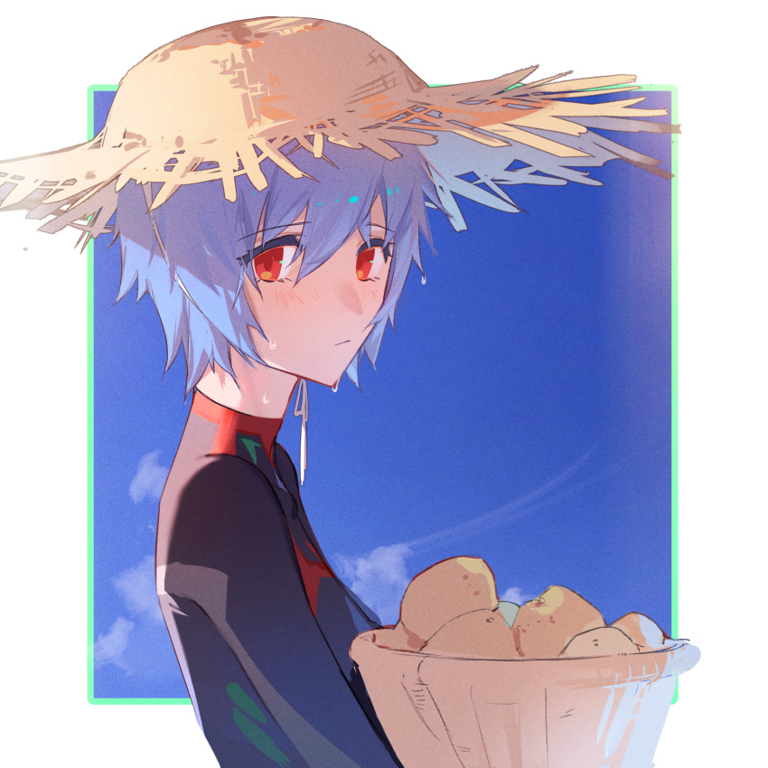 1girl :| ayanami_rei basket black_bodysuit blue_hair blue_sky blush bodysuit border breasts closed_mouth cloud evangelion:_3.0+1.0_thrice_upon_a_time expressionless from_side hair_between_eyes hat highres holding holding_basket looking_at_viewer neon_genesis_evangelion nyansky outside_border plugsuit potato rebuild_of_evangelion red_eyes short_hair sidelocks sky small_breasts solo straw_hat sweat white_border wicker_basket