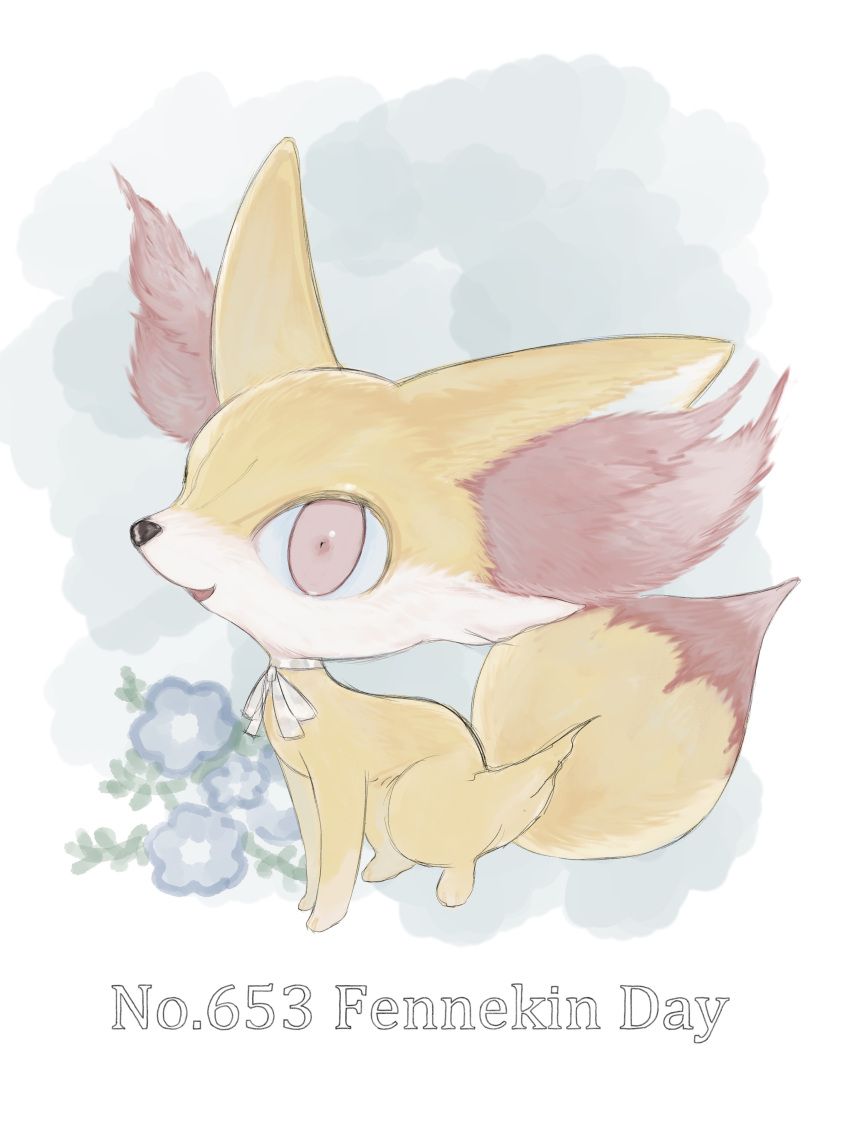 absurdres animal_ear_fluff animal_focus blue_background blue_flower blue_sclera border colored_sclera commentary_request english_text fennekin flower fox from_side full_body happy highres looking_at_viewer natsumekan neck_ribbon no_humans open_mouth partial_commentary pokedex_number pokemon pokemon_(creature) red_eyes ribbon sitting smile solo white_border white_ribbon