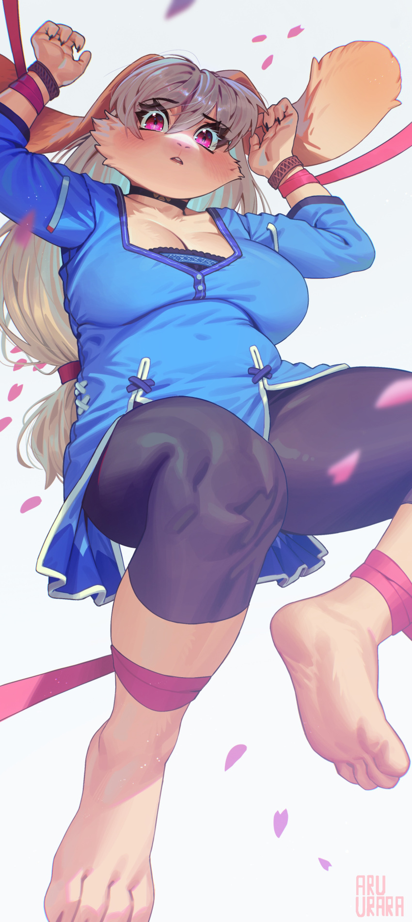 2023 4_fingers 4_toes absurd_res ankles_tied anthro aruurara big_breasts blue_clothing blue_dress blush bound breasts choker cleavage clothed clothing dress eyebrow_through_hair eyebrows feet female fingers floppy_ears fur hair hi_res jewelry kemono lagomorph leggings legwear leporid looking_at_viewer lying mammal necklace on_back petals rabbit red_eyes ribbons solo sophia_(aruurara) toes translucent translucent_hair white_body white_fur wrists_tied