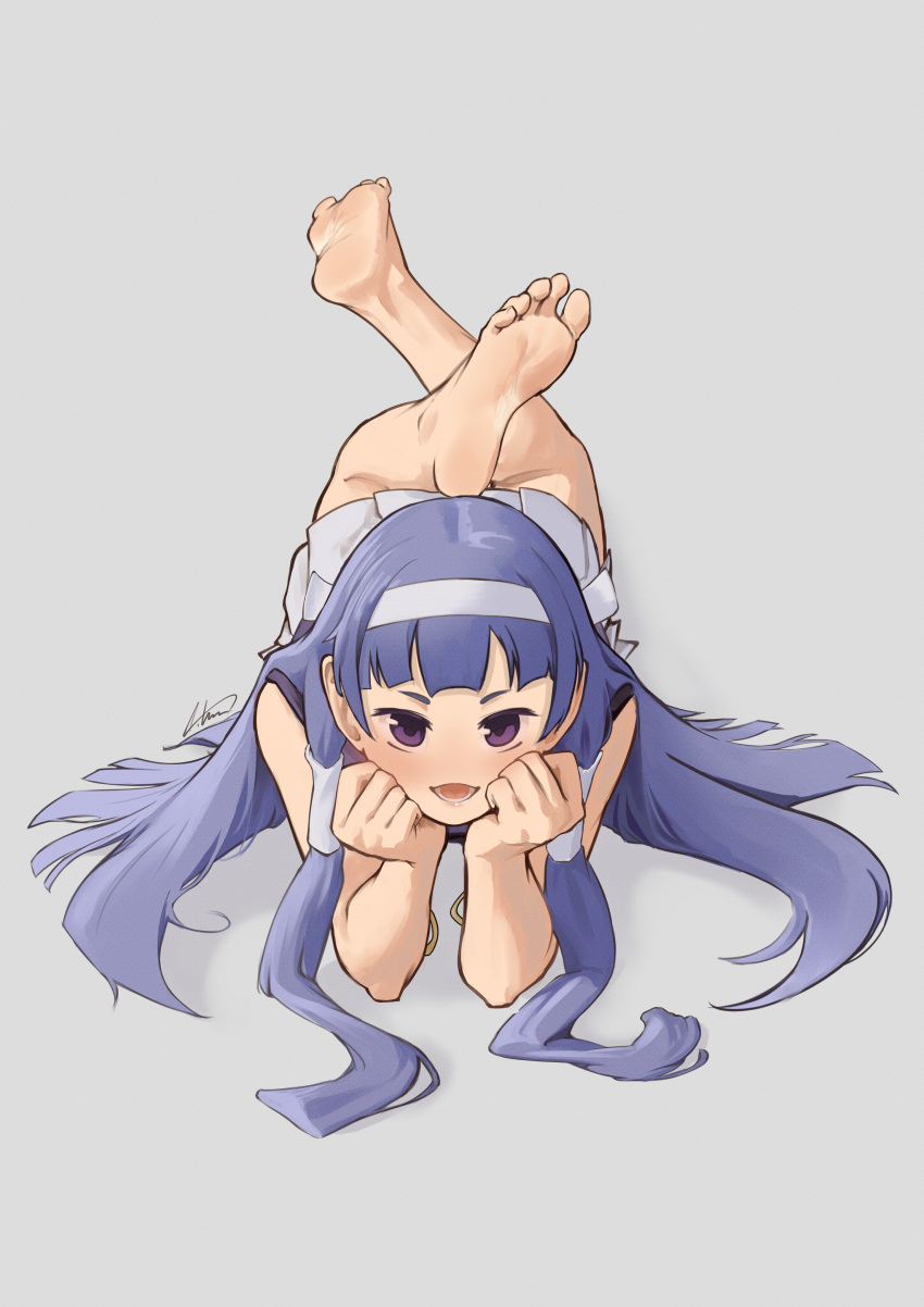 1girl absurdres aiharararara barefoot blue_hair blush feet grey_background hands_on_own_face headband highres kannagi long_hair lying nagi_(kannagi) on_stomach open_mouth purple_eyes simple_background soles solo the_pose toes