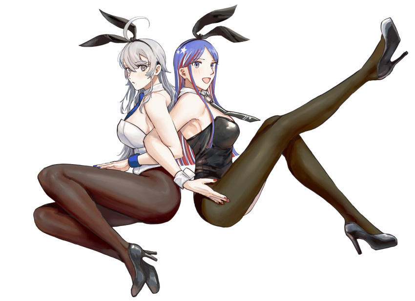 2girls ahoge animal_ears back-to-back black_footwear black_leotard black_pantyhose blue_hair breasts bunny_day detached_collar full_body grey_eyes grey_hair high_heels highres kantai_collection large_breasts leotard long_hair multicolored_hair multiple_girls nidou pantyhose playboy_bunny rabbit_ears rabbit_tail red_hair simple_background south_dakota_(kancolle) star_(symbol) tail washington_(kancolle) white_background white_hair white_leotard wrist_cuffs